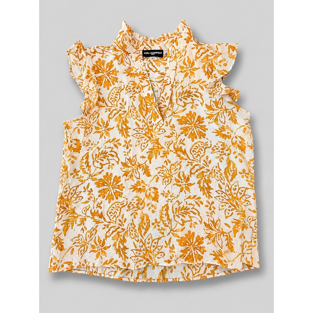 NWT Karl Lagerfeld Yellow Floral Flutter Sleeve Blouse Top XS